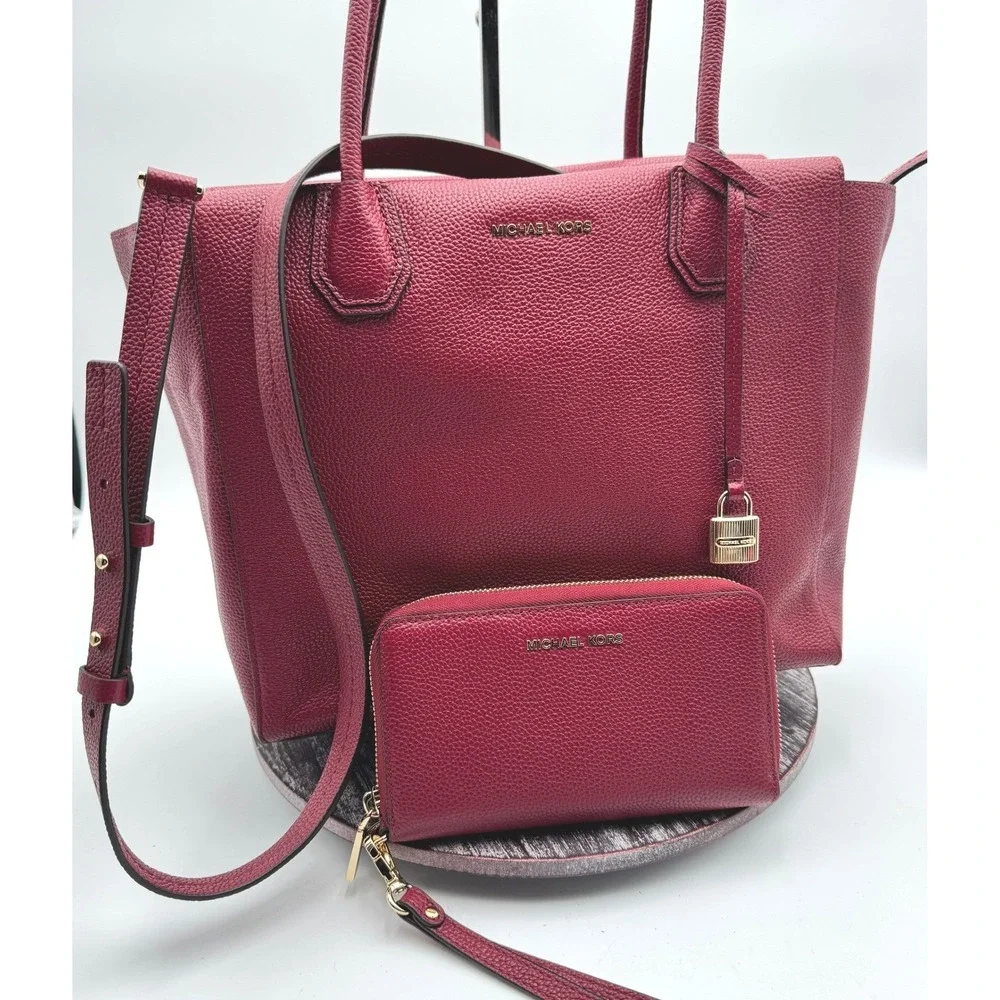 Michael Kors Mercer Large Tote Bag Pebbled Leather Crossbody Wallet Set Cherry